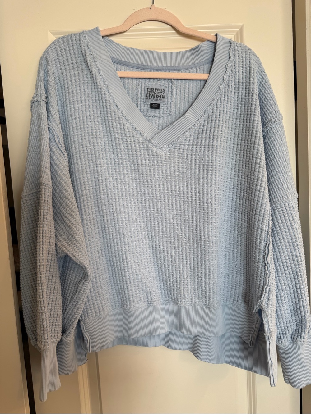 Aerie Light Blue V-Neck Waffle Sweater